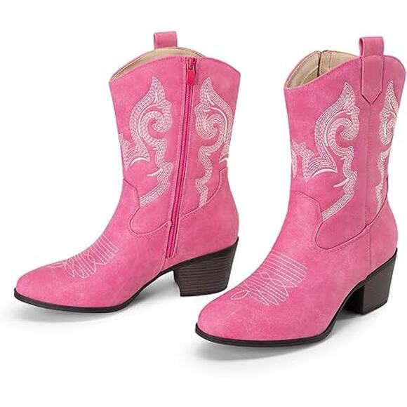 Dream Pairs Womens 8.5 Faux Pink Leather 2.25" Block Heel Mid Calf Cowboy Boots - Picture 3 of 8